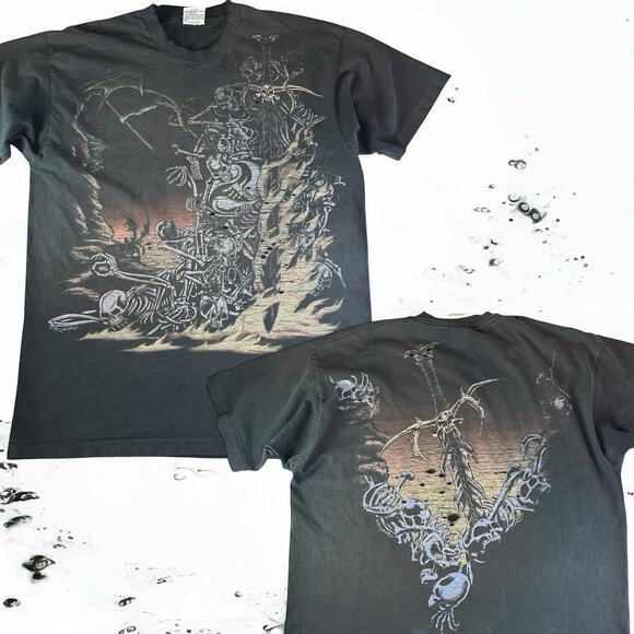 Vintage 1996 Liquid Blue Skeletons Dragon Sword Flames‎ Shirt Size XL USA MADE